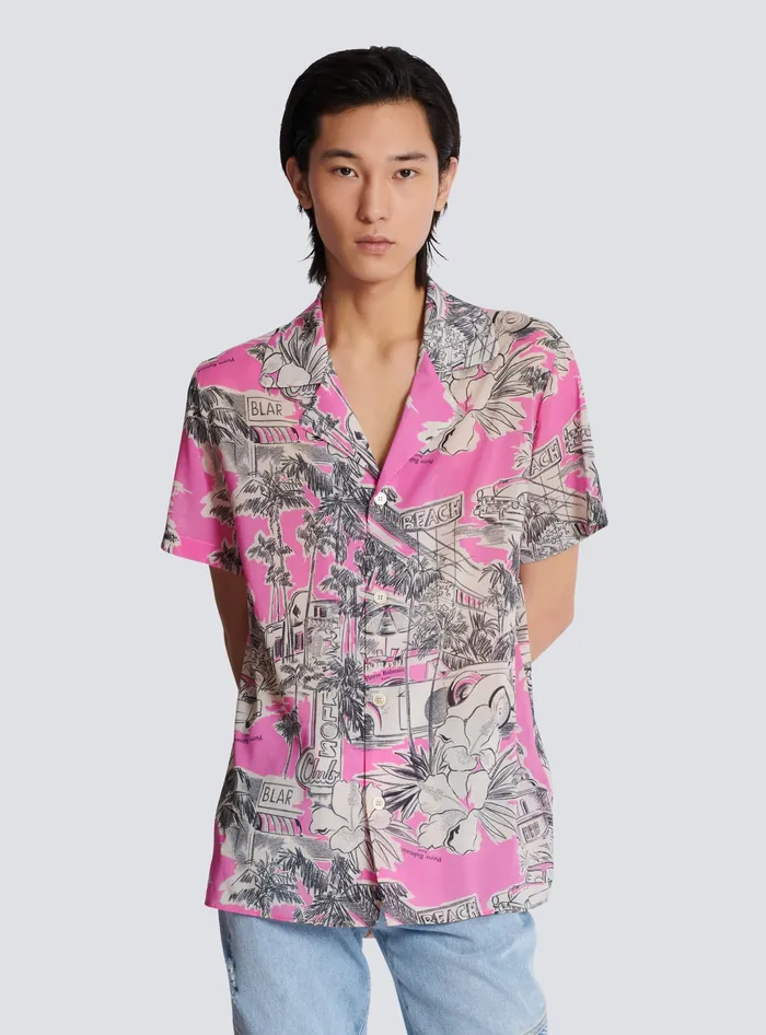 Balmain Shortsleeved Silk Pyjama Shirt With Miami Print Pink Men Shirts And Polos