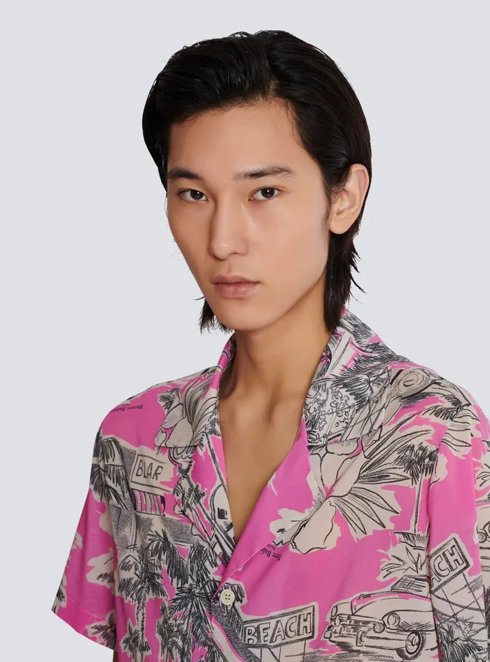 Balmain Shortsleeved Silk Pyjama Shirt With Miami Print Pink Men Shirts And Polos