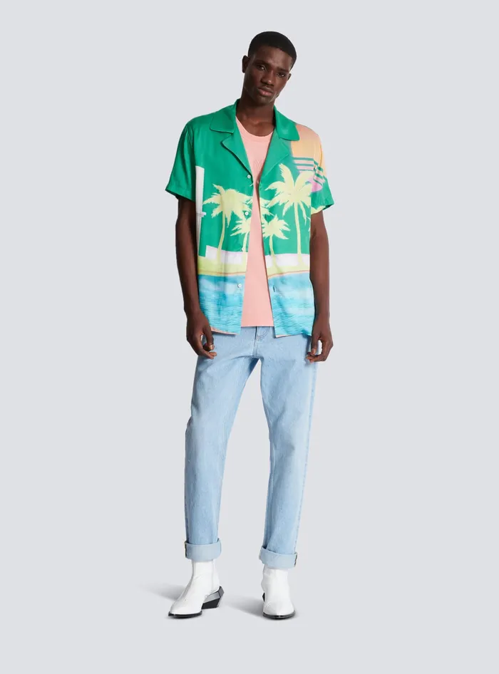 Balmain Shortsleeved Twill Shirt With Palm Tree Print Multicolor Men Shirts And Polos