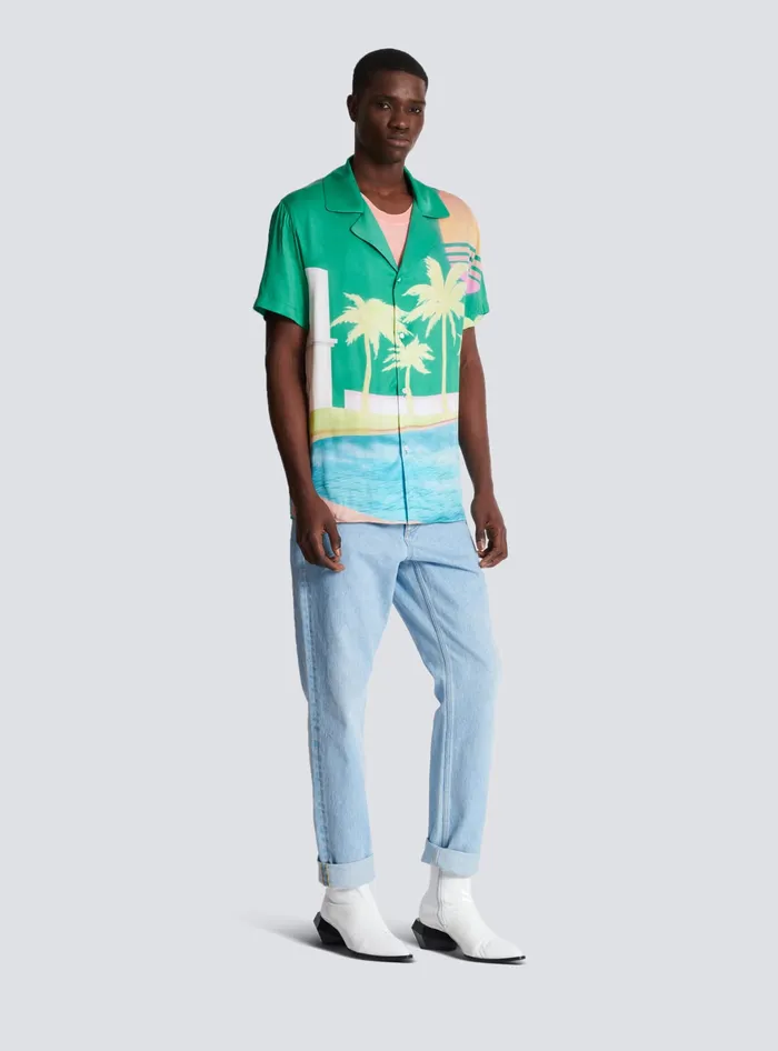 Balmain Shortsleeved Twill Shirt With Palm Tree Print Multicolor Men Shirts And Polos