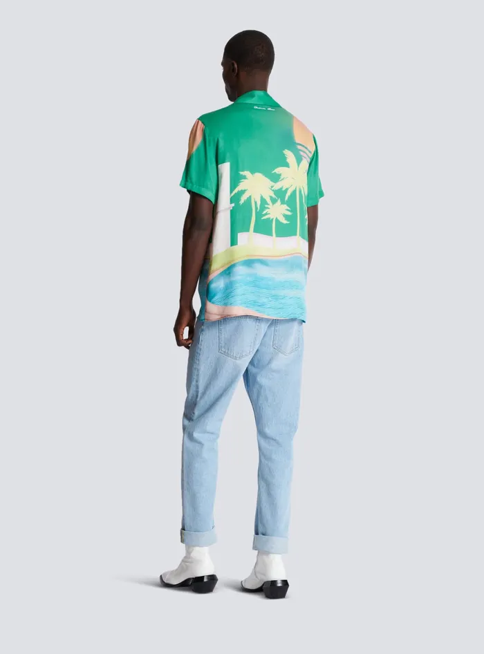 Balmain Shortsleeved Twill Shirt With Palm Tree Print Multicolor Men Shirts And Polos