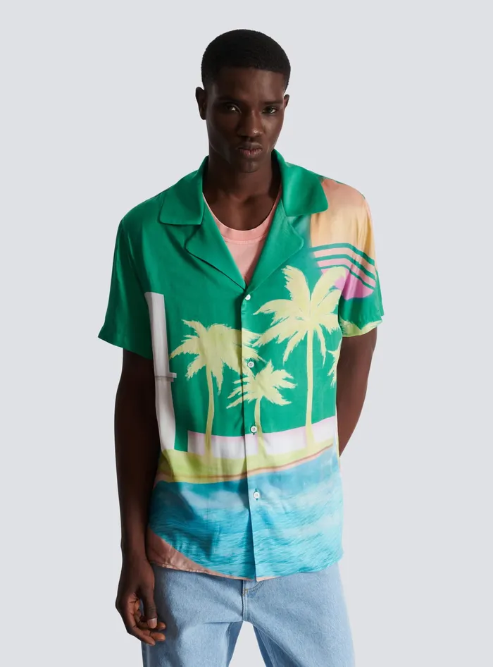 Balmain Shortsleeved Twill Shirt With Palm Tree Print Multicolor Men Shirts And Polos