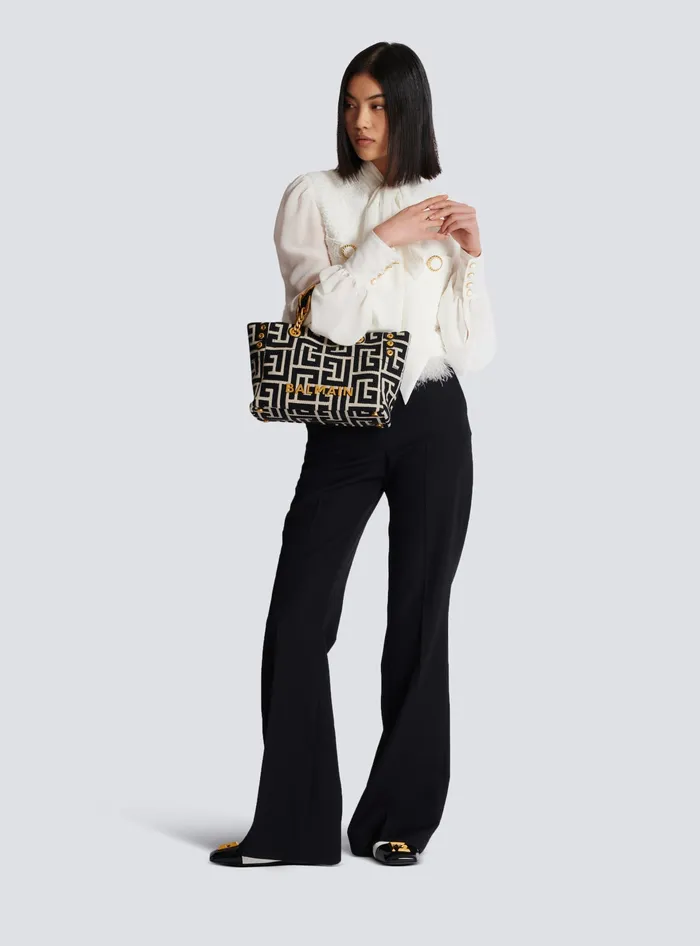 Balmain Small 1945 Soft Tote Bag Monogram Jacquard Fabric Black Women Handbags