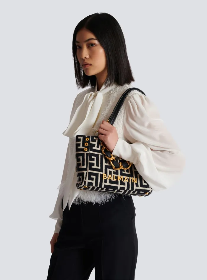 Balmain Small 1945 Soft Tote Bag Monogram Jacquard Fabric Black Women Handbags