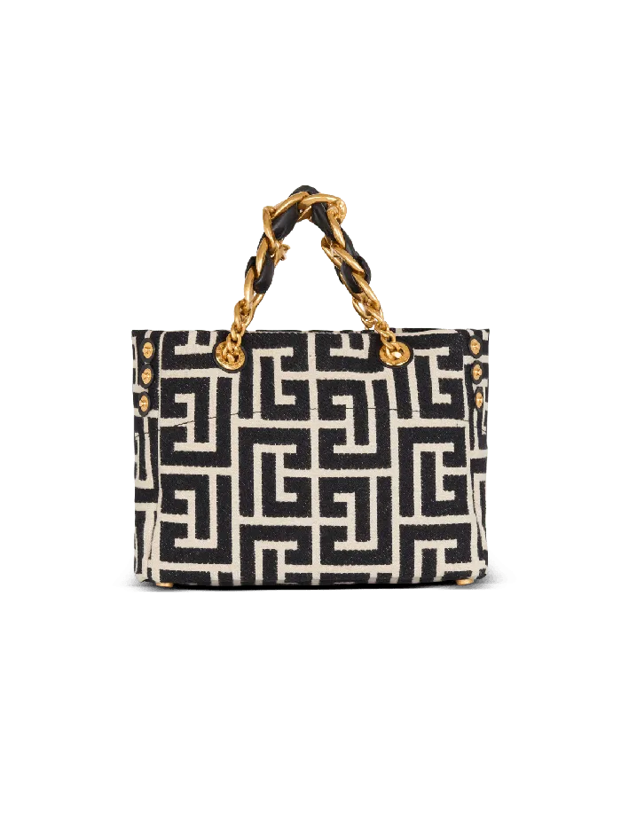 Balmain Small 1945 Soft Tote Bag Monogram Jacquard Fabric Black Women Handbags