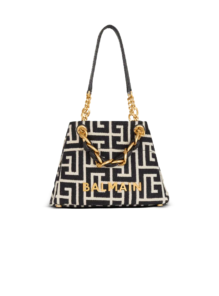 Balmain Small 1945 Soft Tote Bag Monogram Jacquard Fabric Black Women Handbags