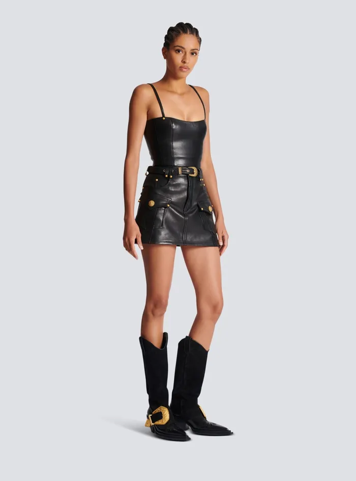 Balmain Spaghetti Strap Leather Top Black Women Tops And Shirts