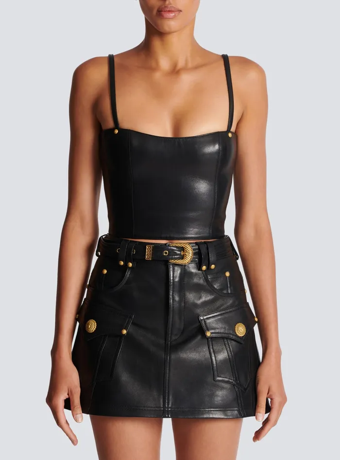 Balmain Spaghetti Strap Leather Top Black Women Tops And Shirts