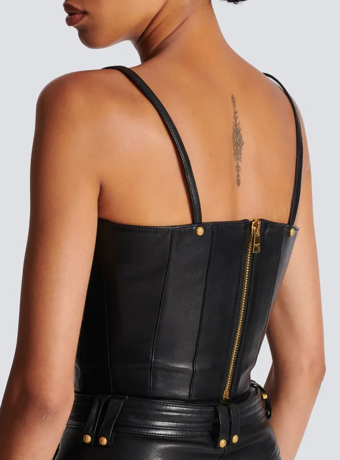 Balmain Spaghetti Strap Leather Top Black Women Tops And Shirts