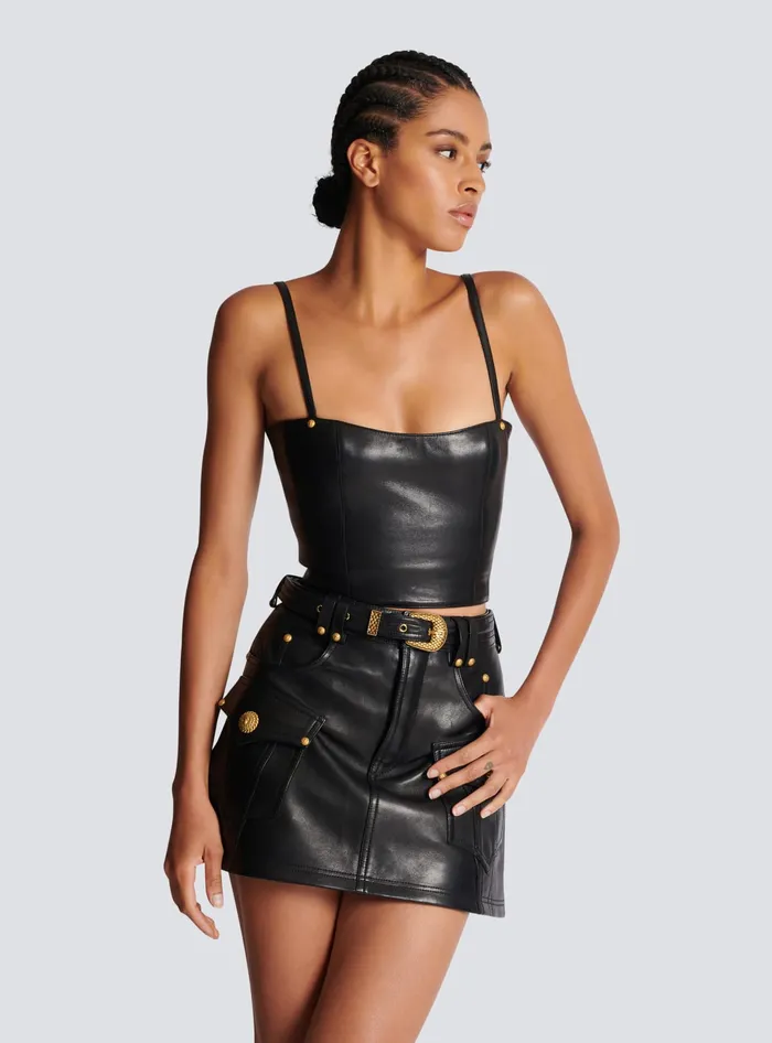 Balmain Spaghetti Strap Leather Top Black Women Tops And Shirts