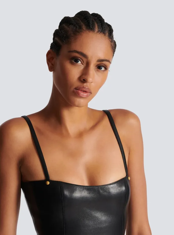 Balmain Spaghetti Strap Leather Top Black Women Tops And Shirts