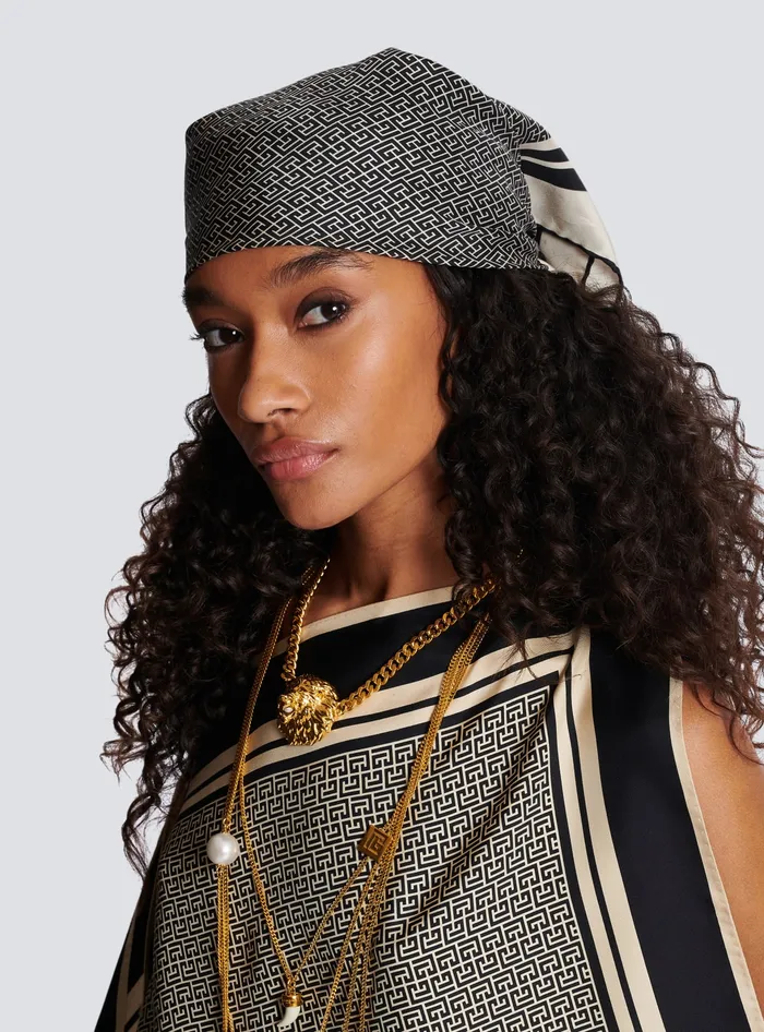 Balmain Square Silk Scarf With Monogram Print Black Women Scarves