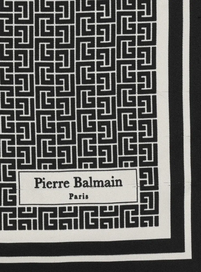 Balmain Square Silk Scarf With Monogram Print Black Women Scarves