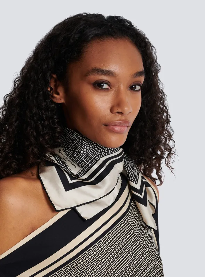 Balmain Square Silk Scarf With Monogram Print Black Women Scarves