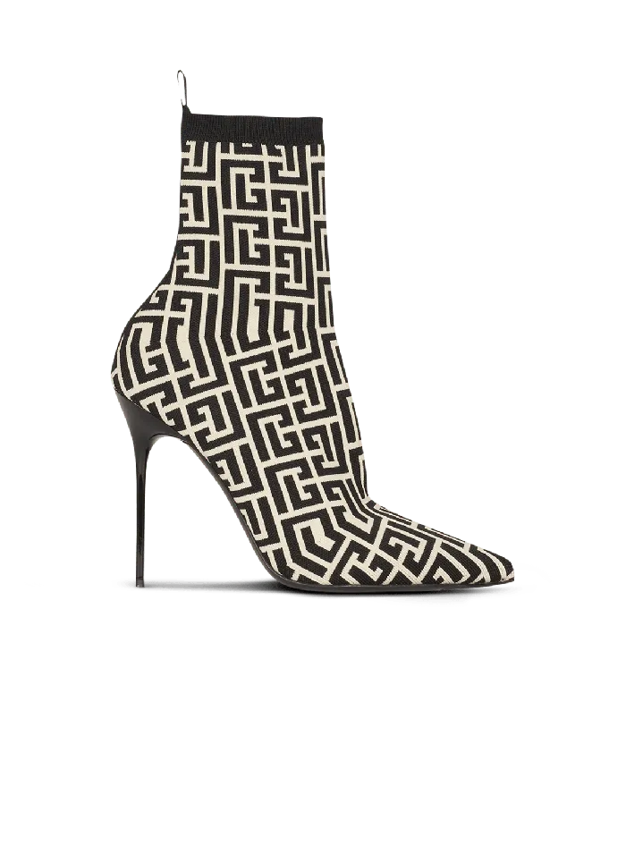 Balmain Stretch Knit Skye Ankle Boots With Monogram Black Women Boots