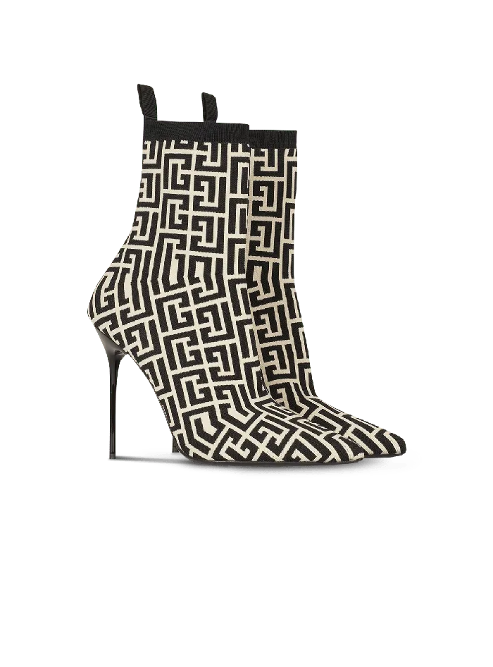 Balmain Stretch Knit Skye Ankle Boots With Monogram Black Women Boots