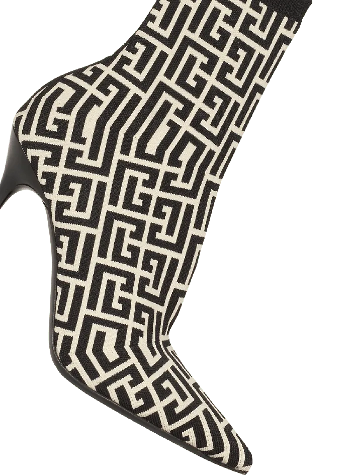 Balmain Stretch Knit Skye Ankle Boots With Monogram Black Women Boots