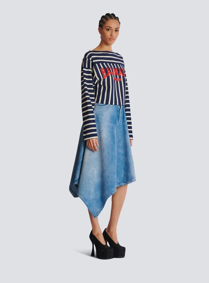 Balmain Striped Baseball Top Navy Women TShirts