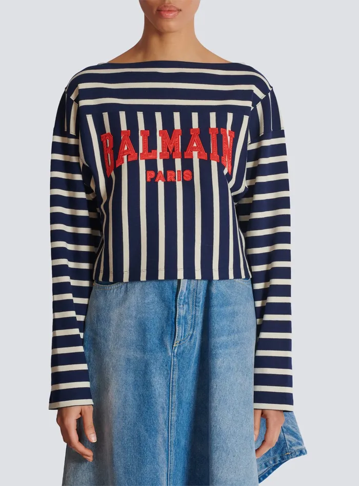 Balmain Striped Baseball Top Navy Women TShirts