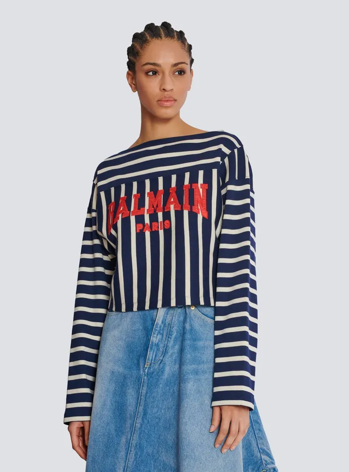 Balmain Striped Baseball Top Navy Women TShirts