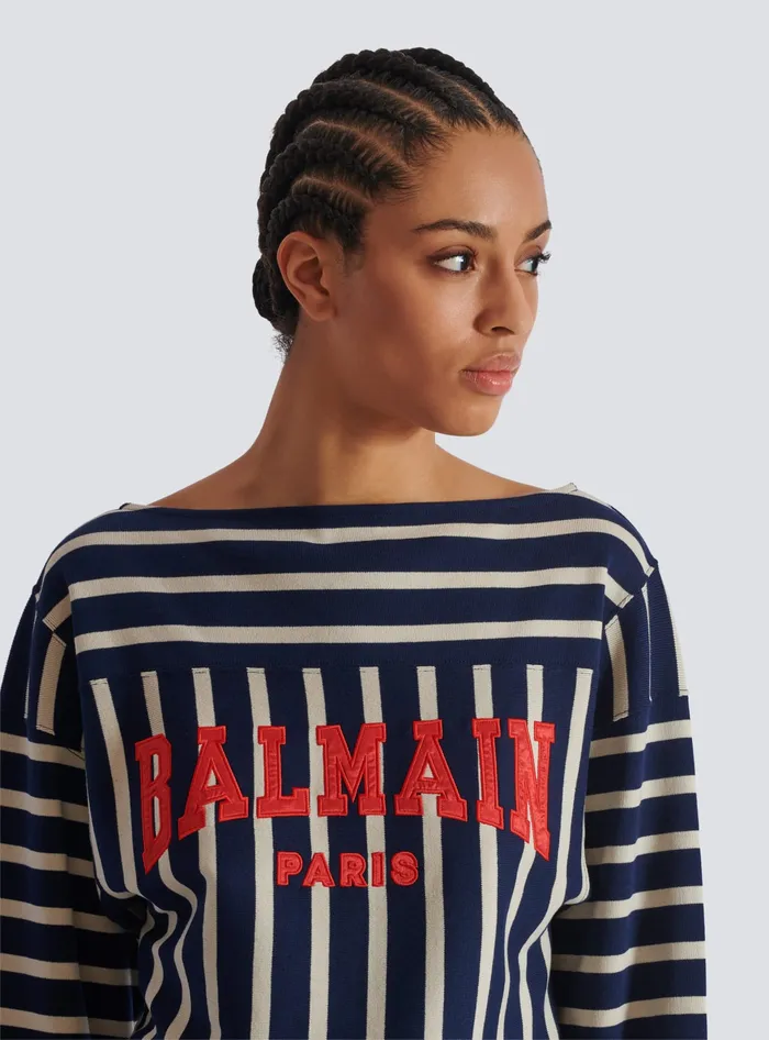 Balmain Striped Baseball Top Navy Women TShirts