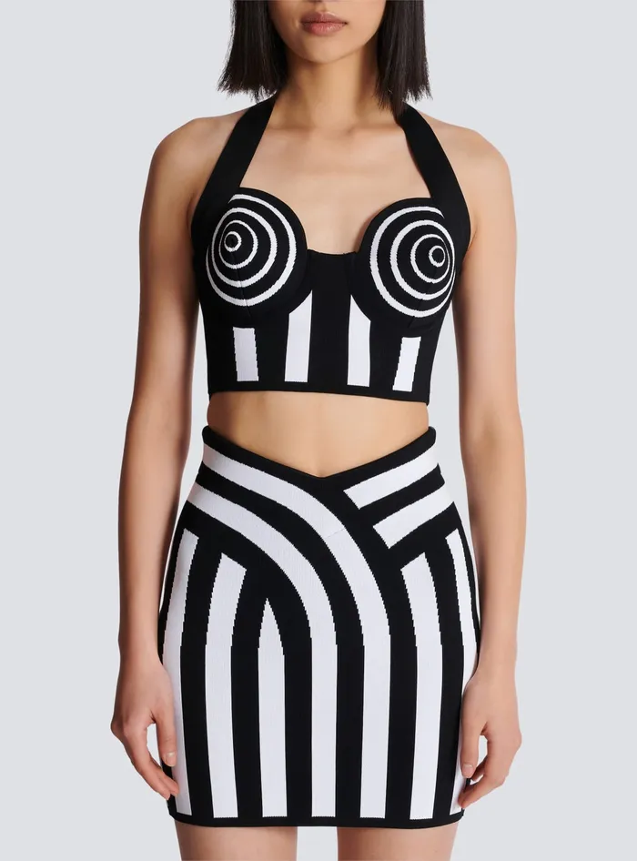Balmain Striped Knit Halterneck Top Black Women Tops And Shirts