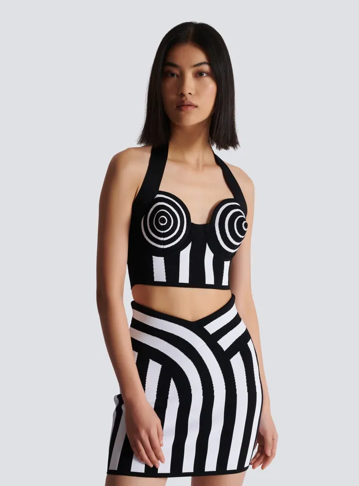 Balmain Striped Knit Halterneck Top Black Women Tops And Shirts