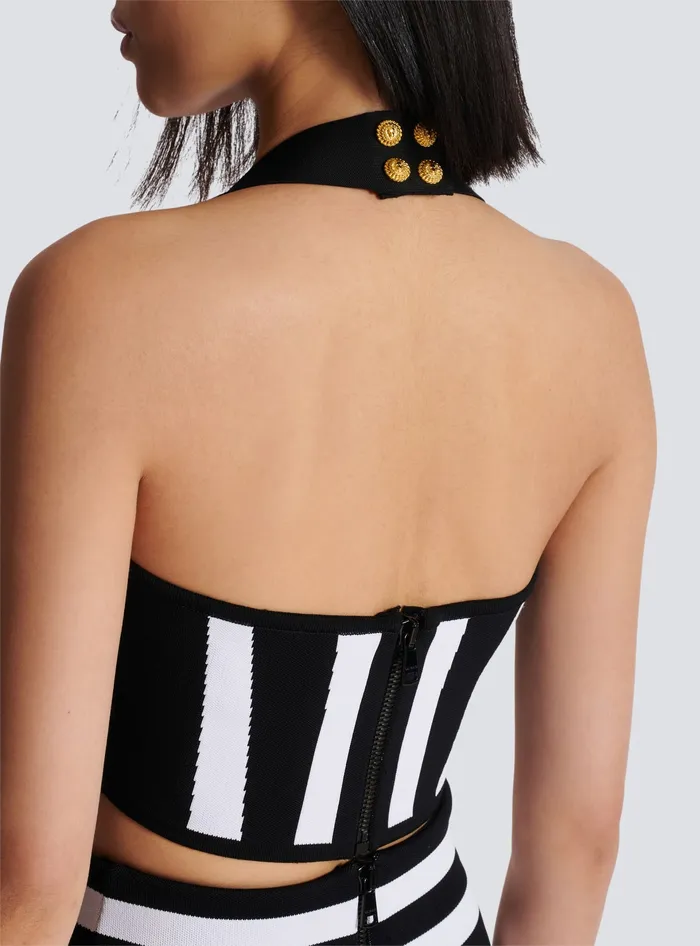 Balmain Striped Knit Halterneck Top Black Women Tops And Shirts