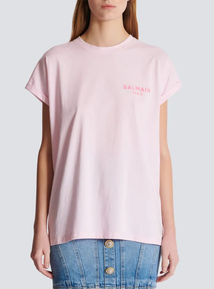 Balmain Tshirt With Flocked Paris Logo Pink Women TShirts