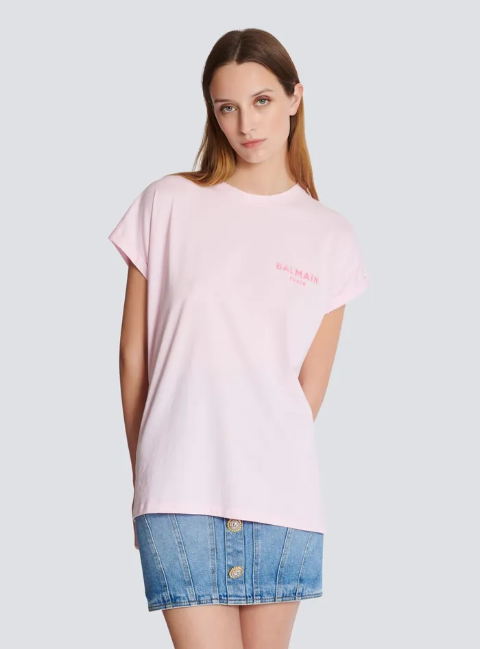 Balmain Tshirt With Flocked Paris Logo Pink Women TShirts