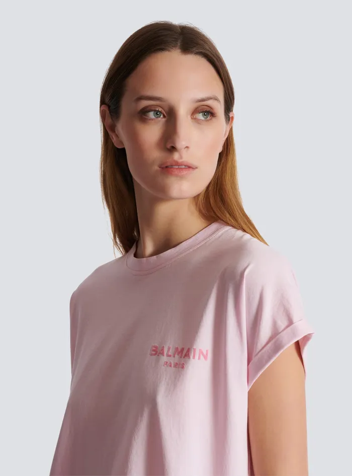 Balmain Tshirt With Flocked Paris Logo Pink Women TShirts