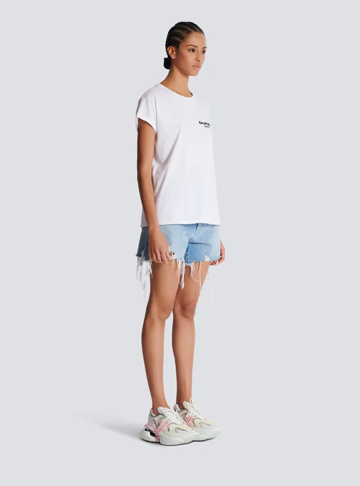 Balmain Tshirt With Flocked Paris Logo White Women TShirts