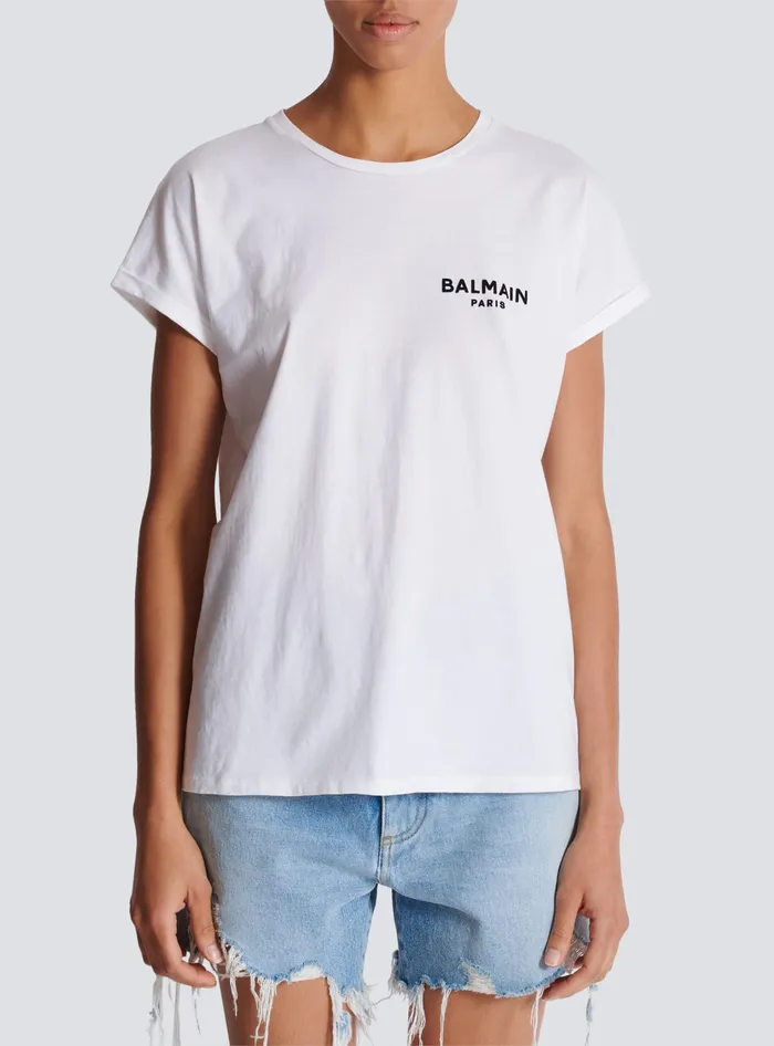 Balmain Tshirt With Flocked Paris Logo White Women TShirts