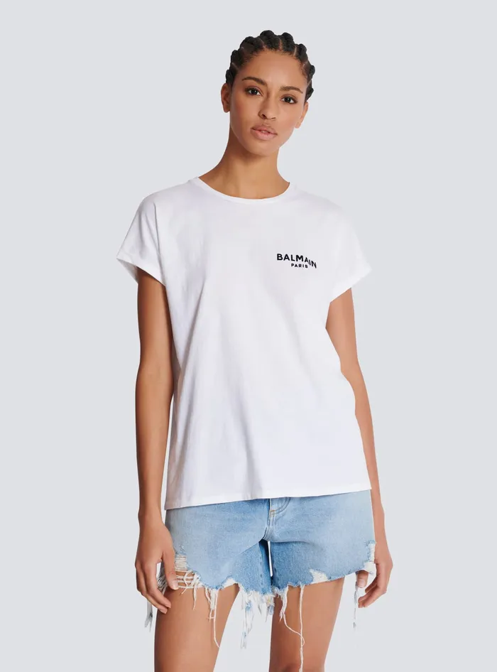 Balmain Tshirt With Flocked Paris Logo White Women TShirts