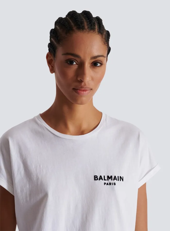 Balmain Tshirt With Flocked Paris Logo White Women TShirts