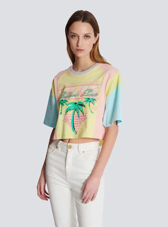 Balmain Tshirt With Palm Tree Signature Print Multicolor Women TShirts