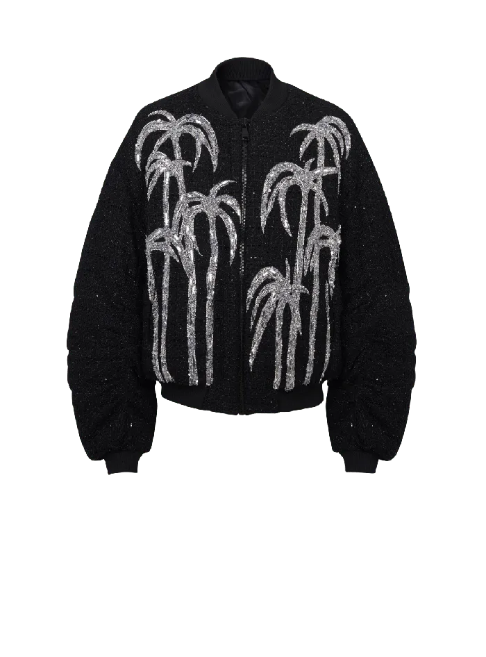 Balmain Tweed Bomber Jacket With Palm Tree Embroidery Black Men Outerwear