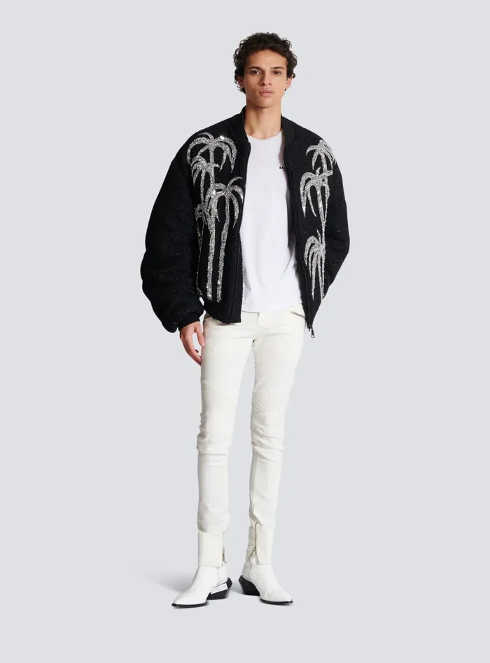 Balmain Tweed Bomber Jacket With Palm Tree Embroidery Black Men Outerwear