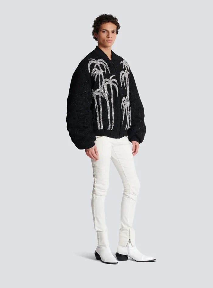 Balmain Tweed Bomber Jacket With Palm Tree Embroidery Black Men Outerwear