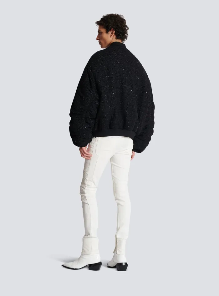 Balmain Tweed Bomber Jacket With Palm Tree Embroidery Black Men Outerwear