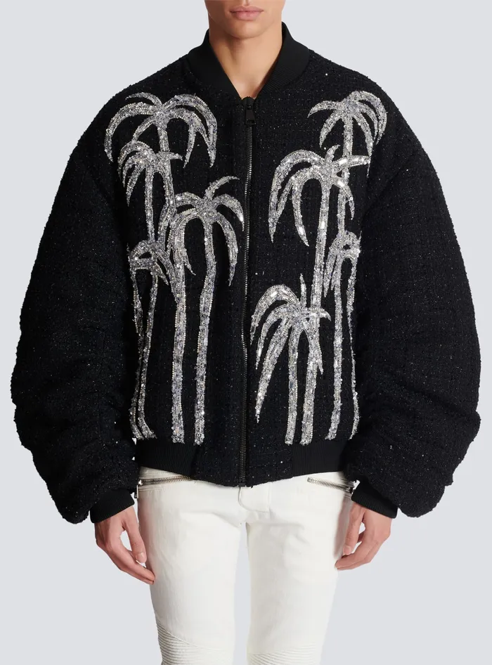 Balmain Tweed Bomber Jacket With Palm Tree Embroidery Black Men Outerwear