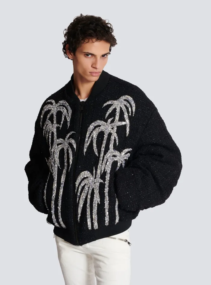 Balmain Tweed Bomber Jacket With Palm Tree Embroidery Black Men Outerwear