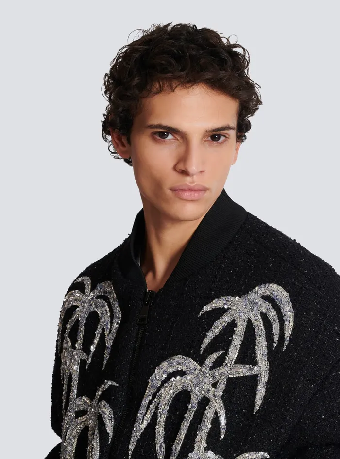 Balmain Tweed Bomber Jacket With Palm Tree Embroidery Black Men Outerwear