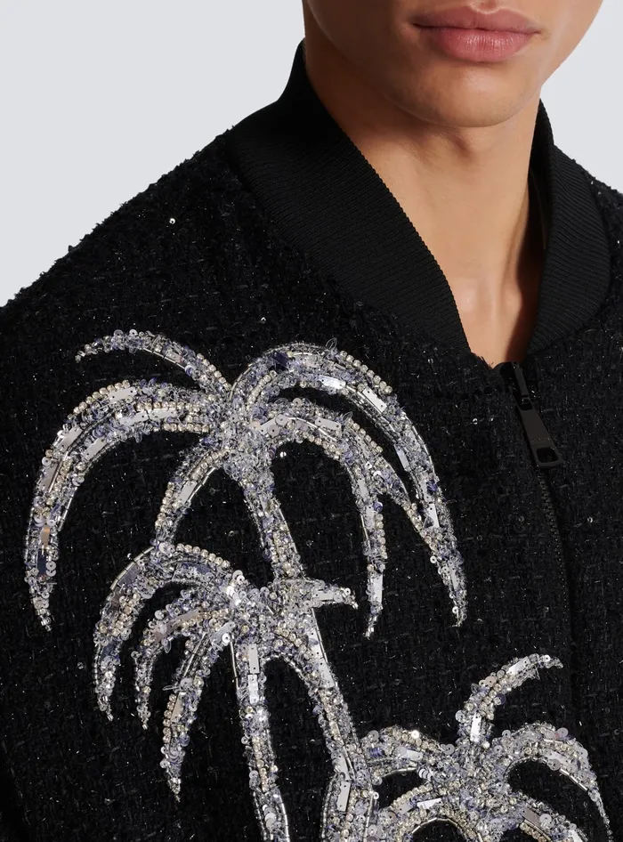 Balmain Tweed Bomber Jacket With Palm Tree Embroidery Black Men Outerwear