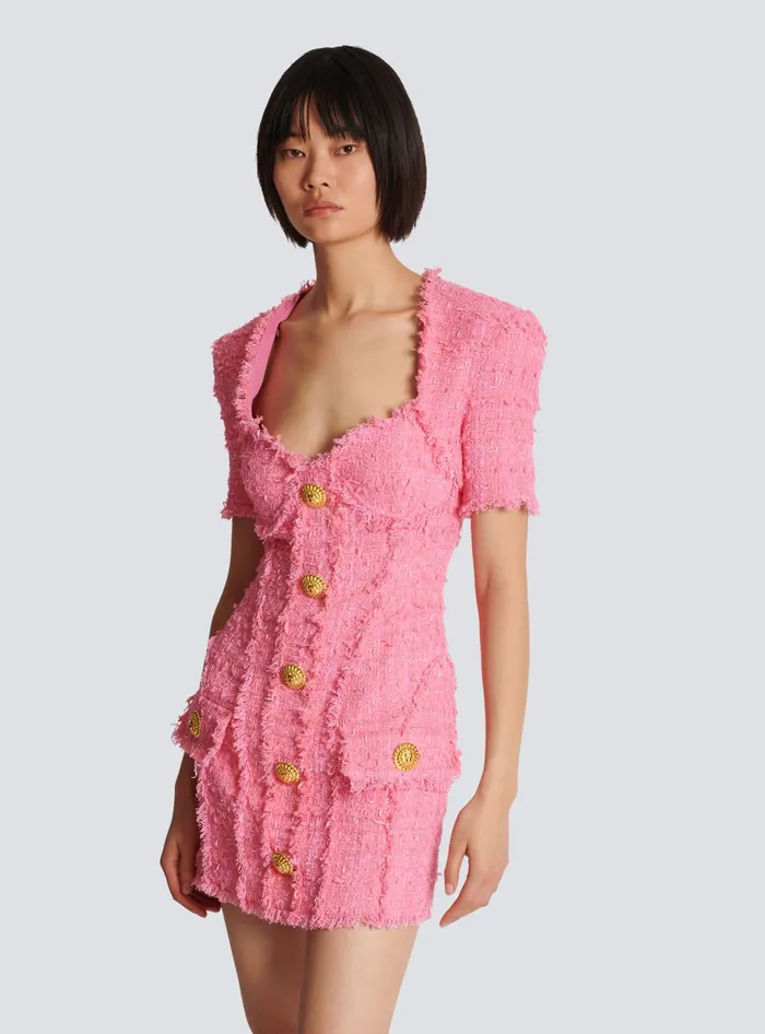 Balmain Tweed Dress With Buttons Pink Women Dresses