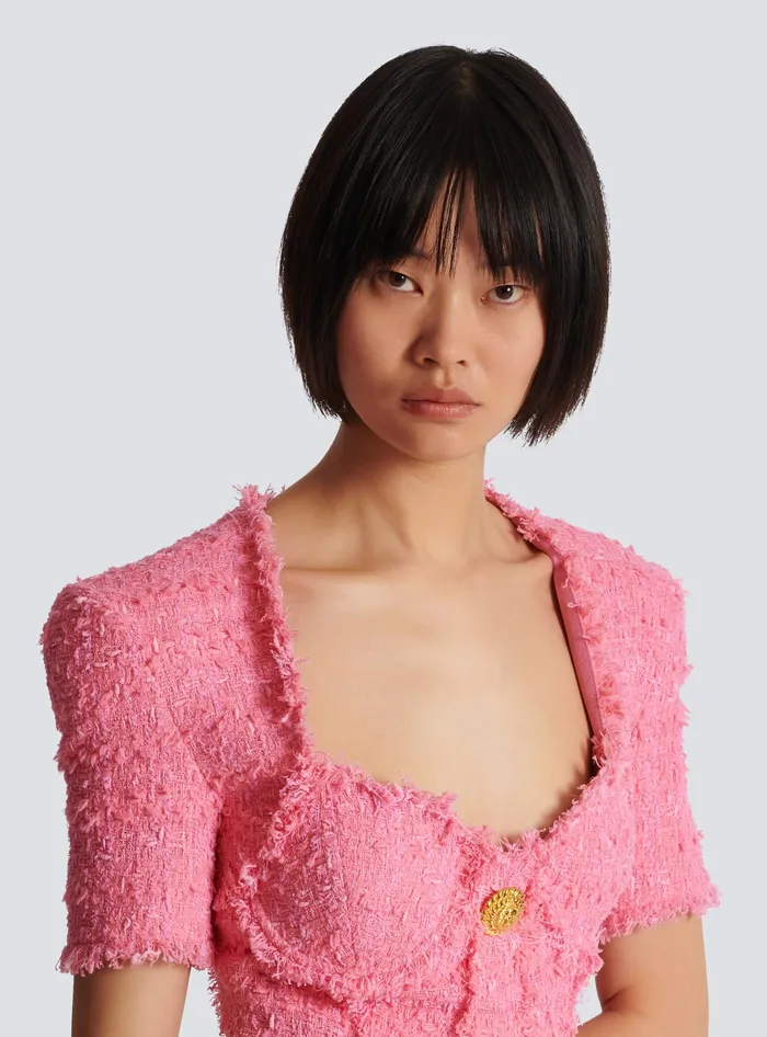 Balmain Tweed Dress With Buttons Pink Women Dresses