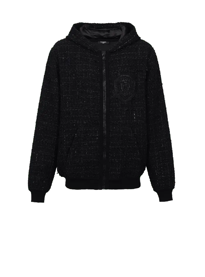 Balmain Tweed Hooded Jacket Black Men Knitwear