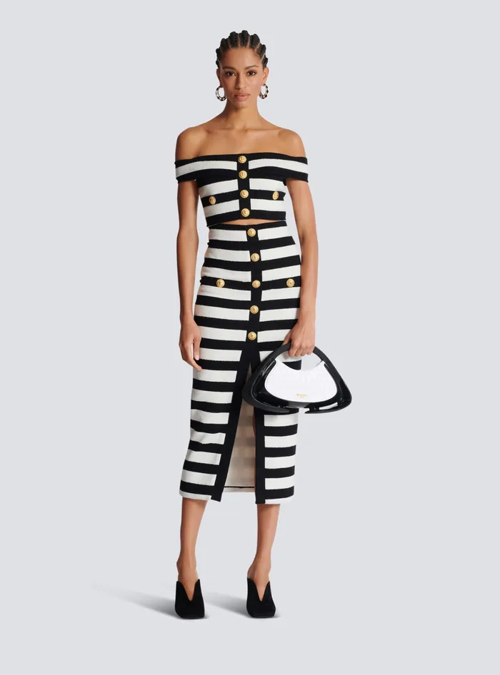 Balmain Twotone Buttoned Knit Midi Skirt Black Women Skirts