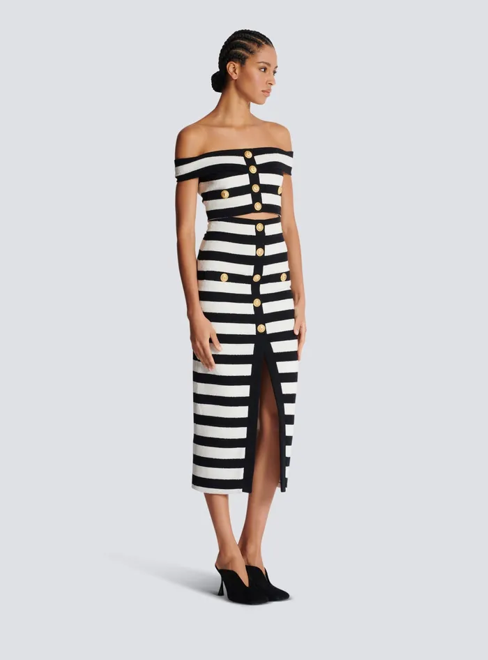 Balmain Twotone Buttoned Knit Midi Skirt Black Women Skirts