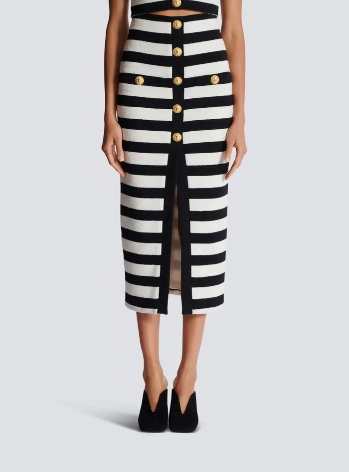 Balmain Twotone Buttoned Knit Midi Skirt Black Women Skirts